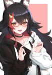  1girl :d absurdres animal_ear_fluff animal_ears appo_(36786257) black_hair blush collar glasses hair_ornament highres hololive hood hood_down hoodie long_hair long_sleeves looking_at_viewer multicolored_hair ookami_mio open_mouth orange_eyes pink_background red-framed_eyewear redhead semi-rimless_eyewear smile solo streaked_hair two-tone_background two-tone_jacket under-rim_eyewear upper_body virtual_youtuber white_background wolf_ears 