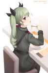 1girl absurdres anchovy_(girls_und_panzer) bangs black_bow bow dated drill_hair eating eyebrows_visible_through_hair fork from_above girls_und_panzer green_hair green_jacket green_pants hair_between_eyes hair_bow happy_birthday highres holding holding_fork jacket long_hair looking_at_viewer military military_jacket military_uniform open_mouth pants red_eyes shiny shiny_hair sitting solo ssalgolae twin_drills twintails uniform 