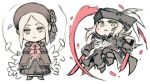  2girls asrikins bangs blonde_hair blood bloodborne bloody_weapon bonnet boots chibi cloak closed_mouth coat dress falling flower gloves green_eyes hat hat_feather holding holding_weapon lady_maria_of_the_astral_clocktower long_hair looking_at_viewer multiple_girls petals plain_doll ponytail rakuyo_(bloodborne) rose silver_hair simple_background sketch swept_bangs sword the_old_hunters tricorne weapon white_background white_hair 