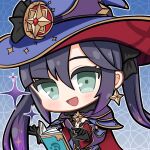  1girl :d blush book bow cape chibi earrings fur_trim genshin_impact gloves green_eyes hair_bow half-closed_eyes hat hat_ornament jewelry leotard meyou mona_(genshin_impact) open_mouth purple_hair smile solo star_(symbol) star_earrings star_hat_ornament twintails witch_hat 