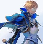  1boy am88121 armor arthur_pendragon_(fate) bangs blonde_hair blue_cape breastplate cape closed_mouth commentary fate/prototype fate_(series) faulds floating_cape green_eyes grey_background hair_between_eyes highres light_smile long_sleeves looking_at_viewer male_focus pauldrons short_hair shoulder_armor simple_background solo upper_body 