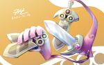  commentary_request dated doublade gen_6_pokemon holding no_humans null_suke pokemon pokemon_(creature) sheath solo sword two-tone_background violet_eyes weapon 