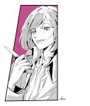  1boy :o akudama_drive artist_name asa_moi blush cutthroat_(akudama_drive) hand_up highres holding holding_knife jacket knife limited_palette long_sleeves male_focus purple_background screentones silver_hair solo violet_eyes 