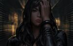  1girl absurdres black_hair black_jacket blurry blurry_background commentary depth_of_field english_commentary grey_eyes guweiz hand_over_eye hand_up highres jacket long_hair looking_at_viewer night original outdoors solo upper_body 