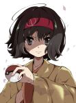  1girl absurdres bangs black_hair closed_mouth commentary_request erika_(pokemon) eyebrows_visible_through_hair eyelashes fingernails grey_eyes hairband highres holding holding_poke_ball jahana_mei japanese_clothes kimono leaves_in_wind looking_at_viewer nail_polish pink_nails poke_ball poke_ball_(basic) pokemon pokemon_(game) pokemon_frlg red_hairband short_hair solo wide_sleeves 