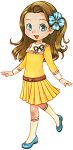  1girl blue_eyes blue_footwear brown_hair child harvest_moon:_connect_to_a_new_land melanie_(story_of_seasons) yellow_shirt yellow_skirt 