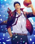  1boy a_jou aomine_daiki arm_up ball basketball belt black_jacket black_pants blazer blue_eyes blue_hair brown_belt clouds cloudy_sky collared_shirt confetti cowboy_shot dark_skin dark_skinned_male dated hand_in_pocket happy_birthday highres holding holding_ball jacket kuroko_no_basuke looking_at_viewer male_focus necktie open_mouth pants red_neckwear school_uniform shirt short_hair sky sleeves_rolled_up solo standing teeth tongue tongue_out tsurime white_shirt 
