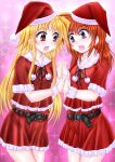  2girls alternate_hairstyle blonde_hair blush christmas couple fate_testarossa hat highres holding_hands interlocked_fingers long_hair looking_at_another lyrical_nanoha mahou_shoujo_lyrical_nanoha mahou_shoujo_lyrical_nanoha_a&#039;s matcya_tounyu medium_hair multiple_girls open_mouth orange_hair red_eyes santa_costume santa_hat simple_background skirt surprised takamachi_nanoha thighs violet_eyes yuri 