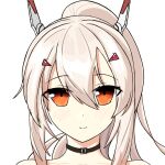  1girl ayanami_(azur_lane) azur_lane bare_shoulders blush chao_yu_quan choker close-up collarbone commentary_request eyebrows_visible_through_hair eyes_visible_through_hair hair_between_eyes hair_ornament hairclip headgear highres long_hair looking_at_viewer orange_eyes ponytail retrofit_(azur_lane) silver_hair simple_background smile solo white_background 