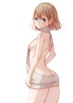  1girl :o ass bangs bare_arms bare_back bare_legs bare_shoulders beige_sweater blonde_hair blue_eyes bolbbangbbang breasts butt_crack ear_piercing highres idolmaster idolmaster_shiny_colors light_blush looking_at_viewer looking_back medium_hair meme_attire piercing serizawa_asahi sideboob simple_background sleeveless small_breasts solo sweater turtleneck virgin_killer_sweater white_background 