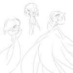  1girl apios1 bad_id bad_pixiv_id bangs bob_cut closed_mouth cropped_torso flat_chest from_behind from_below gardevoir gen_3_pokemon greyscale hair_over_one_eye looking_at_viewer looking_back looking_down mega_gardevoir mega_pokemon monochrome multiple_views pokemon pokemon_(creature) short_hair simple_background sketch upper_body white_background 