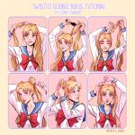  1girl absurdres bangs bishoujo_senshi_sailor_moon blue_eyes character_name double_bun english_commentary english_text hair_brushing hair_tie_in_mouth highres how_to kath_lobo magical_girl mouth_hold multiple_views parted_bangs sailor_collar sailor_moon sailor_senshi_uniform smile tsukino_usagi twintails tying_hair 