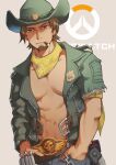  1boy abs bare_pecs belt brown_eyes brown_hair cigar copyright_name cowboy_hat denim facial_hair goatee green_jacket hands_in_pockets hat jacket jeans looking_at_viewer male_focus mccree_(overwatch) navel nipples open_clothes open_jacket overwatch pants pectorals short_hair sokimi_(sosojovan) solo stomach toned toned_male torn_jacket upper_body yellow_neckwear 