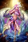  1girl :d angel_wings ashirok-on breasts commentary covered_nipples cross english_commentary feathered_wings gloves gradient_hair halo happy highres jibril_(no_game_no_life) long_hair looking_at_viewer low_wings magic_circle medium_breasts midriff mismatched_legwear multicolored_hair navel no_game_no_life open_mouth pink_hair shoes single_glove single_shoe smile solo symbol-shaped_pupils tattoo very_long_hair watermark web_address white_wings wing_ears wings yellow_eyes 