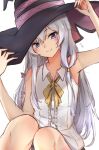  1girl armpits arms_up bare_arms bare_legs bare_shoulders black_headwear blue_eyes collared_shirt elaina_(majo_no_tabitabi) frills hand_up hat long_hair looking_at_viewer majo_no_tabitabi neck_ribbon ribbon shirt silver_hair simple_background sleeveless sleeveless_shirt smile solo tahita1874 white_background white_shirt witch_hat 