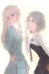  2girls absurdres arm_at_side backlighting black_skirt blonde_hair blush cowboy_shot eila_ilmatar_juutilainen finger_to_mouth from_side grey_hair grey_neckwear hair_between_eyes hand_to_own_mouth highres long_hair looking_at_viewer multiple_girls nachi-kun pantyhose sanya_v_litvyak short_hair skirt smile strike_witches violet_eyes white_background world_witches_series 