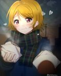  1girl :t asymmetrical_gloves bangs baozi blonde_hair blue_coat blush brown_gloves coat eating eyebrows_visible_through_hair food gloves green_scarf hair_between_eyes heart highres holding holding_food koizumi_hanayo long_sleeves looking_at_viewer love_live! love_live!_school_idol_project mittens night plaid plaid_scarf pov red_eyes sasetunoyu scarf shiny shiny_hair short_hair single_glove solo twitter_username upper_body winter 