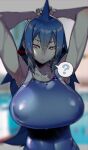  1girl arms_up blue_hair blue_swimsuit blurry blush breasts competition_swimsuit covered_nipples depth_of_field highres large_breasts long_hair looking_at_viewer mg_no29 one-piece_swimsuit original red_eyes shark_fin shark_girl shiny shiny_hair shiny_skin solo standing swimsuit upper_body wet 
