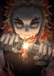  1boy blonde_hair closed_mouth fingernails fire flame flaming_sword flaming_weapon holding holding_sheath holding_sword holding_weapon katana kimetsu_no_yaiba male_focus mno_chrome84 multicolored multicolored_hair orange_hair red_eyes rengoku_kyoujurou scabbard sheath smile solo sword unsheathing upper_body weapon 