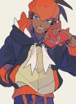  1boy black_hoodie blue_eyes dark_skin dark_skinned_male earrings fingernails gen_4_pokemon gym_leader half-closed_eyes hand_in_pocket highres holding hood hoodie jewelry looking_to_the_side male_focus ninonuko open_mouth orange_headwear pokemon pokemon_(game) pokemon_swsh raihan_(pokemon) rotom rotom_phone smile teeth 