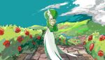  1girl apios1 bad_id bad_pixiv_id bangs blue_sky bob_cut bush closed_eyes closed_mouth clouds colored_skin crossed_arms day flower full_body gardevoir gen_3_pokemon green_hair green_skin hair_over_one_eye happy holding multicolored multicolored_skin object_hug outdoors petals pokemon pokemon_(creature) red_flower red_rose rose short_hair sky smile solo stairs standing two-tone_skin white_flower white_skin 