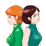  2girls absurdres aobito_sukayaka_bystander blue_eyes breasts brown_hair emma_sheen from_side green_eyes gundam hair_behind_ear highres looking_at_viewer medium_breasts multiple_girls orange_hair profile reccoa_londe short_hair sleeveless smile turtleneck upper_body white_background zeta_gundam 