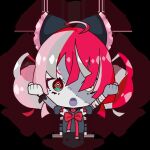  1girl :o ahoge bandaged_arm bandages black_bow black_dress bow chibi clenched_hands double_bun dress grey_hair hair_bow heterochromia hololive hololive_indonesia kureiji_ollie kureiji_ollie_(artist) multicolored_hair open_mouth pink_hair red_bow red_eyes redhead solo stitched_face stitches symbol-shaped_pupils torn_clothes torn_dress virtual_youtuber yellow_eyes zombie 