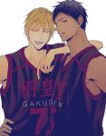  2boys a_jou aomine_daiki arm_on_shoulder bangs basketball_jersey basketball_uniform black_shirt blonde_hair blue_eyes blue_hair dark_skin dark_skinned_male hair_between_eyes hand_on_hip jewelry kise_ryouta kuroko_no_basuke looking_at_viewer male_focus multiple_boys open_mouth shirt short_hair simple_background single_earring sleeveless sleeveless_shirt sportswear teeth tongue tongue_out tsurime upper_body white_background yellow_eyes 