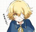  1boy artist_name bandage_over_one_eye blonde_hair blue_capelet blush capelet commentary frown furrowed_eyebrows grid_background looking_at_viewer male_focus minahoshi_taichi neck_ribbon oliver_(vocaloid) one_eye_covered ribbon solo sweat translated upper_body vocaloid yellow_eyes yellow_ribbon 