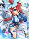 1girl :d bangs blue_background blue_eyes blue_footwear blue_gloves blue_jacket blue_shorts boots breasts commentary_request cramorant cropped_jacket elbow_gloves feathers full_body furofuroppi gen_5_pokemon gen_8_pokemon gloves gym_leader hair_between_eyes hair_ornament highres holster jacket large_breasts looking_at_viewer midriff navel one_side_up open_mouth pilot_suit pokemon pokemon_(creature) pokemon_(game) pokemon_bw redhead short_shorts shorts sidelocks skindentation skyla_(pokemon) smile solo_focus swanna thigh_holster upper_teeth woobat 