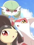  :o clouds commentary_request day from_below gardevoir gen_3_pokemon highres jahana_mei latias legendary_pokemon looking_at_viewer mawile no_humans one_eye_closed open_mouth outdoors pokemon pokemon_(creature) red_eyes sky smile yellow_eyes 