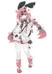  1girl absurdres animal_ears animal_print bandages bandaid bandaid_on_leg bangs bunny_print clothes_writing food grey_eyes hair_ornament highres holding holding_food ice_cream jacket long_sleeves open_mouth original pink_hair rabbit_ears simple_background solo standing thigh-highs twintails white_background 