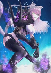  1girl absurdres animal_ear_fluff animal_ears atalanta_(alter)_(fate) atalanta_(fate) black_legwear black_panties blue_background breasts clenched_teeth crop_top fate/grand_order fate_(series) floating_hair fox_ears fox_tail fur-trimmed_legwear fur-trimmed_panties fur_trim green_eyes highres long_hair medium_breasts multicolored_hair multiple_tails panties pink_hair shiny shiny_hair silver_hair slit_pupils solo t800 tail teeth two-tone_hair underwear v-shaped_eyebrows very_long_hair 