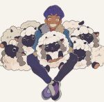  1boy blue_jacket blush commentary dark_skin dark_skinned_male eyebrows_visible_through_hair fur-trimmed_jacket fur_trim gen_8_pokemon highres holding holding_pokemon hop_(pokemon) jacket male_focus ninonuko pants pokemon pokemon_(creature) pokemon_(game) pokemon_swsh purple_hair purple_pants shoes short_hair sitting smile teeth white_background wooloo yellow_eyes 