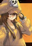  0g0nn 1girl bangs black_gloves brown_eyes brown_hair cabbie_hat fingerless_gloves gloves guilty_gear guilty_gear_strive hat highres jacket long_hair may_(guilty_gear) orange_jacket pirate shadow skull_and_crossbones smile solo 