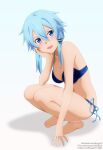  1girl :d bangs bare_hips barefoot bikini blue_bikini blue_eyes blue_hair blue_ribbon collarbone full_body grey_ribbon hair_between_eyes hair_ribbon highres looking_at_viewer open_mouth ribbon short_hair_with_long_locks shugo19 side-tie_bikini sidelocks simple_background sinon smile solo squatting strap_gap swimsuit sword_art_online watermark white_background 