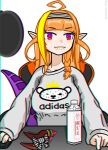  1girl adidas ahoge asacoco bangs blonde_hair blunt_bangs bottle bow braid casual chair chromatic_aberration closed_mouth dragon_girl dragon_tail eyebrows_visible_through_hair gamer_chair hairband highlights highres hololive horn_bow kiryuu_coco long_sleeves looking_at_viewer mouse_(computer) multicolored multicolored_eyes multicolored_hair mutant_dog no_horn orange_hair pointy_ears red_eyes scales simple_background single_braid sitting solo streaked_hair striped striped_hairband sweaty_clothes tail twitter_username upper_body violet_eyes white_background 