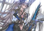  1girl ass back bangs bodysuit breasts highres horns long_hair looking_at_viewer original parted_lips ponytail ran&#039;ou_(tamago_no_kimi) silver_hair solo sword very_long_hair violet_eyes weapon 