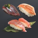 artist_name celestial_fang commentary english_commentary fish food food_focus gradient gradient_background grey_background highres jpeg_artifacts leaf making-of_available meat original rice shiny simple_background spring_onion still_life sushi watermark