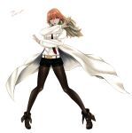  1girl :o absurdres brown_legwear coat cosplay english_commentary eyebrows_visible_through_hair full_body gradient_hair green_hair highres hololive hololive_english huke_(style) labcoat legwear_under_shorts long_hair long_sleeves looking_at_viewer makise_kurisu makise_kurisu_(cosplay) multicolored_hair necktie open_clothes open_coat open_mouth orange_hair pantyhose pose red_neckwear shorts signature simple_background solo standing steins;gate takanashi_kiara violet_eyes white_background zeiss 
