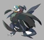  1boy 1girl alternate_color apios1 bad_id bad_pixiv_id bangs bare_shoulders black_dress black_gloves black_sclera blue_hair bob_cut carrying claws collarbone colored_skin dragon dragon_boy dress elbow_gloves eye_contact flat_chest full_body garchomp gardevoir gen_3_pokemon gen_4_pokemon gloves grey_background hair_over_one_eye happy looking_at_another mega_gardevoir mega_pokemon nervous open_mouth orange_eyes pokemon pokemon_(creature) princess_carry sharp_teeth shiny_pokemon short_hair simple_background smile spikes standing strapless strapless_dress sweat tail teeth white_skin yellow_eyes 