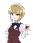  1girl alcohol bangs bartender black_neckwear blonde_hair blunt_bangs bob_cut bow bowtie brown_vest closed_mouth commentary cup cutlass_(girls_und_panzer) dress_shirt drinking_glass eyebrows_visible_through_hair girls_und_panzer hand_on_hip handkerchief highres holding holding_cup index_finger_raised kimi_tsuru light_frown long_sleeves looking_at_viewer school_uniform shirt short_hair simple_background solo upper_body vest white_background white_shirt wine wine_glass wing_collar yellow_eyes 