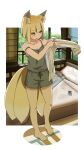  1girl animal_ear_fluff animal_ears bangs barefoot bed blonde_hair blue_eyes blunt_bangs bob_cut camisole cellphone dressing eyebrows_visible_through_hair fox_ears fox_girl fox_tail highres indoors inverted_bob kono_iona kuro_kosyou morning multiple_tails open_mouth original phone shirt shorts smartphone solo tail tatami white_background white_shirt 