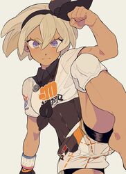  1girl bangs bea_(pokemon) black_bodysuit black_hairband blonde_hair bodysuit bodysuit_under_clothes bow_hairband clenched_hand closed_mouth collared_shirt dynamax_band eyebrows_visible_through_hair eyelashes gloves gym_leader hair_between_eyes hairband highres knee_pads leg_up looking_at_viewer ninonuko pokemon pokemon_(game) pokemon_swsh print_shirt print_shorts shirt short_hair short_sleeves shorts single_glove solo tied_shirt violet_eyes white_background 