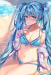  1girl absurdres ayatsuki_sugure beach bikini blue_bikini blue_eyes blue_hair collarbone commentary furrowed_eyebrows hair_ornament hand_on_own_chest hatsune_miku highres jacket long_hair looking_at_viewer navel ocean open_clothes open_jacket parasol seiza sitting solo sweat swimsuit twintails twitter_username umbrella very_long_hair vocaloid white_jacket 