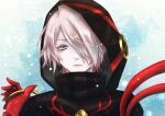  1boy chi_wa closed_mouth expressionless eyeshadow fate/grand_order fate_(series) gloves green_eyes hair_over_one_eye hood hood_up karna_(fate) karna_(santa)_(fate) looking_at_viewer makeup male_focus red_gloves signature snow solo upper_body white_hair 