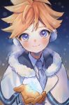  1boy blonde_hair blue_eyes blue_neckwear capelet commentary earmuffs fur-trimmed_capelet fur_trim gloves glowing highres holding ice_fog_(module) kagamine_len kouhara_yuyu looking_at_viewer male_focus necktie night project_diva_(series) smile snowflakes snowing solo spiky_hair upper_body vocaloid white_capelet 
