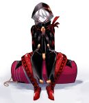  1boy black_coat blue_eyes boots closed_mouth coat colored_skin cross-laced_footwear fate/grand_order fate_(series) hair_over_one_eye highres hood hood_up karna_(fate) karna_(santa)_(fate) lace-up_boots male_focus red_footwear sandbag sitting smile solo thigh-highs thigh_boots white_hair white_skin 