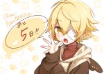  1boy animal_print bandage_over_one_eye blonde_hair brown_jacket cat_print character_name commentary countdown hood hooded_jacket jacket looking_at_viewer male_focus minahoshi_taichi oliver_(vocaloid) one_eye_covered open_mouth paw_print red_sweater speech_bubble sweater translated turtleneck turtleneck_sweater upper_body vocaloid waving yellow_eyes 