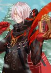  1boy absurdres black_coat buckle christmas coat fate/grand_order fate_(series) gift gloves green_eyes hair_over_one_eye highres karna_(fate) karna_(santa)_(fate) light_smile looking_at_viewer male_focus red_gloves sky snow tree tsugu0302 upper_body white_hair 